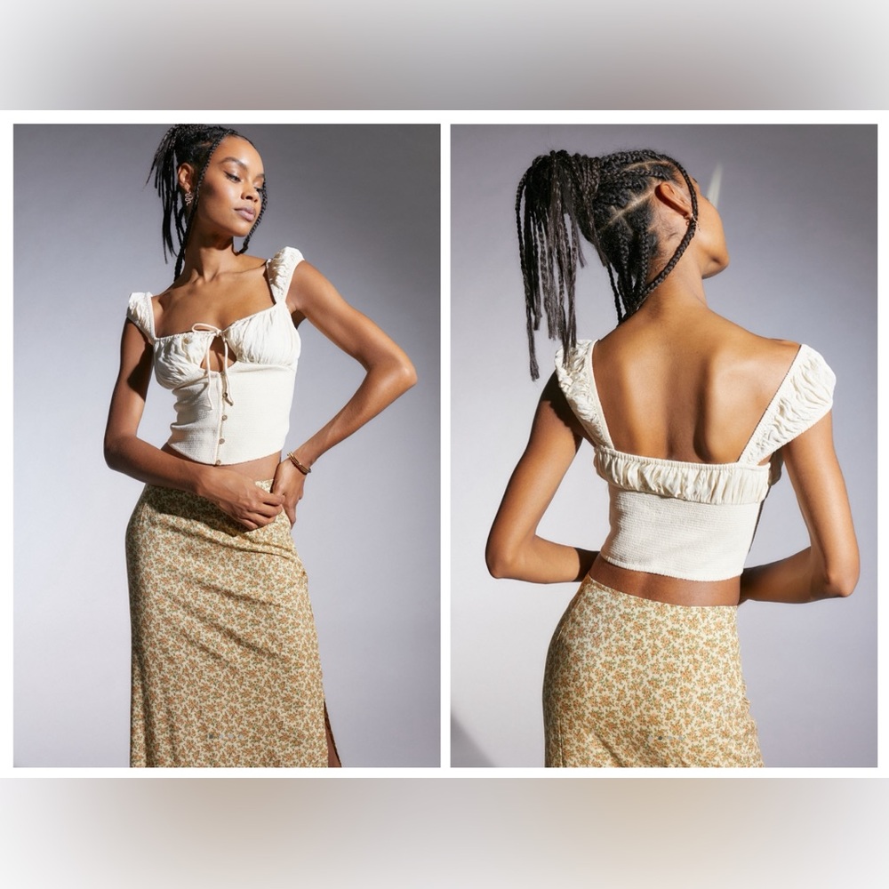 Urban Outfitters Rosalie Smocked Blouse in Ivory.